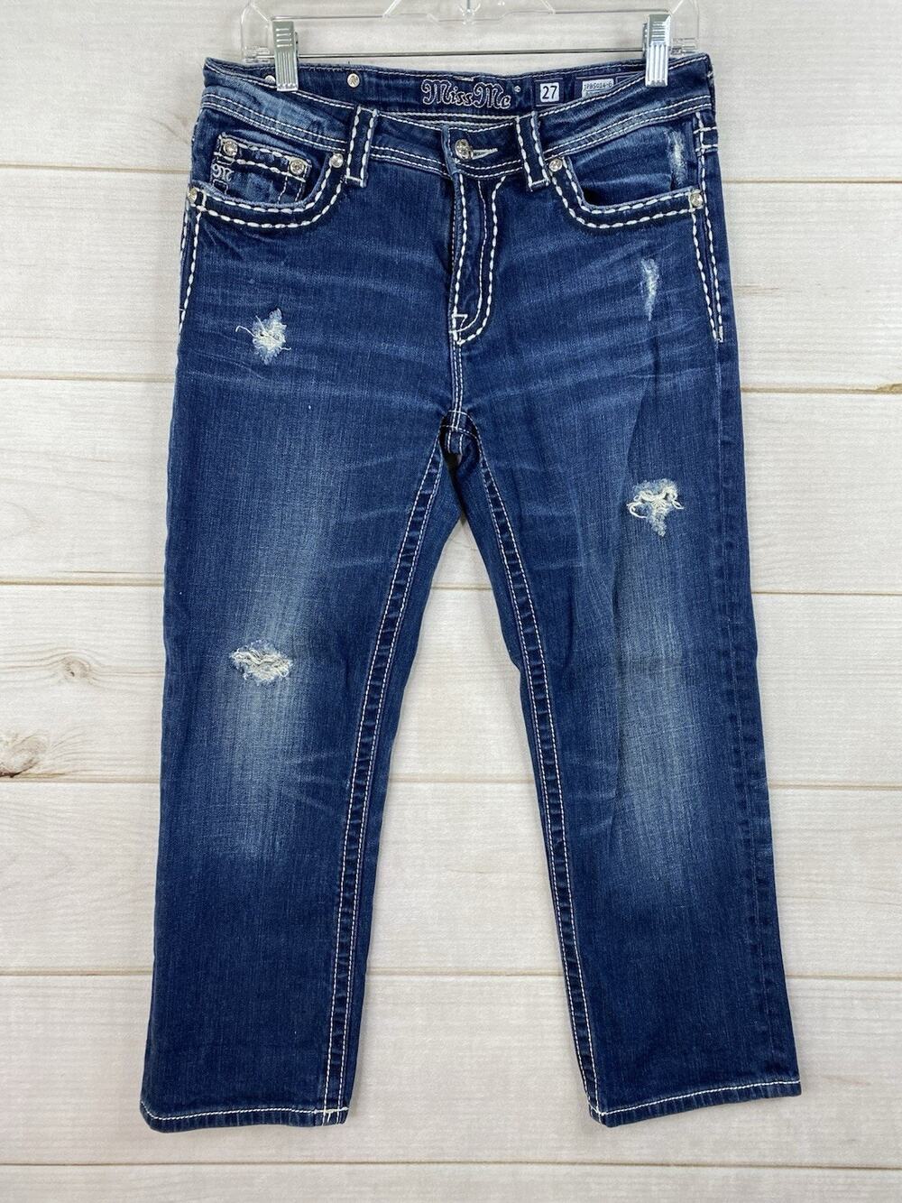 Miss Me Boyfriend Capri Jeans 27 Crop Stretch Embroidered Dark Wash Thick Stitch